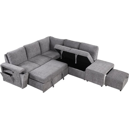 L-shaped Padded Modular Sofa with Storage Space, USB Ports, and Cup Holders on the Armrests, Suitable for Living Rooms, Offices, and Apartments.