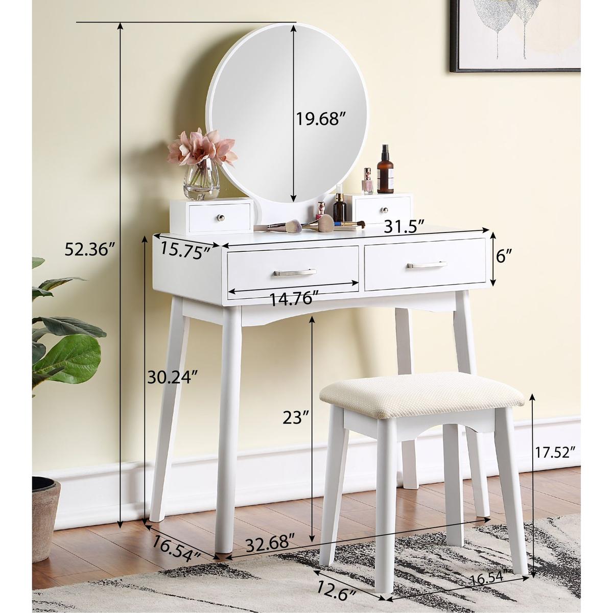 Liannon Contemporary Wood Vanity and Stool Set, White - Streamdale Furniture