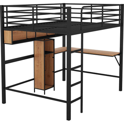 Full Size Metal & Wood Loft Bed with L -shaped desk and shelves, Black and Brown