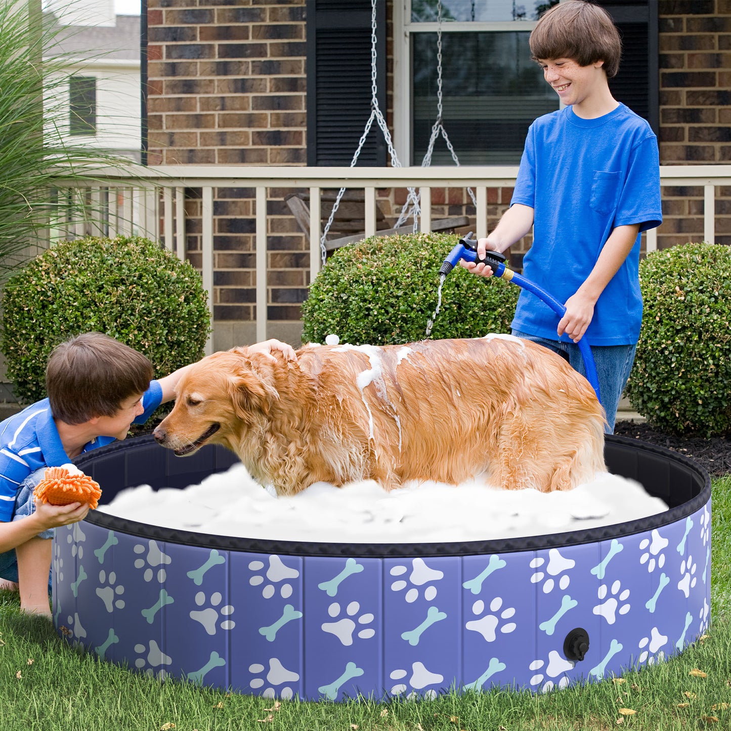 Foldable Pet Swimming Pool, Portable Dog Bathing Tub, 12" x 55" Plastic Large Dog Pool for Outdoor Dogs and Cats, Blue