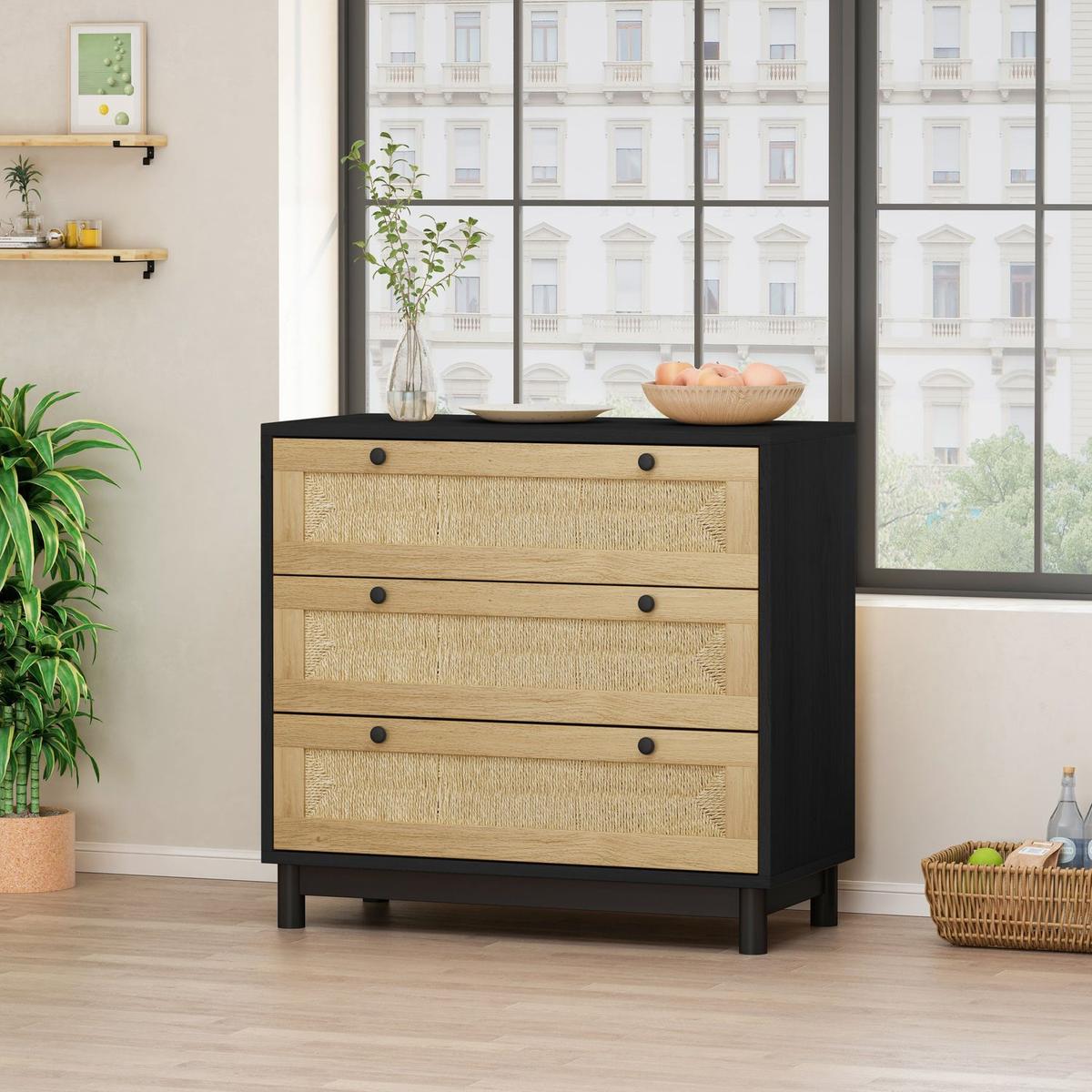 30.31"3-Drawers Storage Cabinet Rope Woven Drawer,for Bedroom,Living Room,Dining Room,Hallways,Black