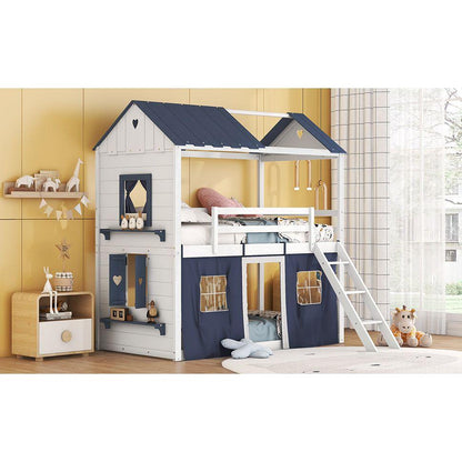 Twin Size Bunk Wood House Bed with Elegant Windows, Sills and Tent, Blue+White