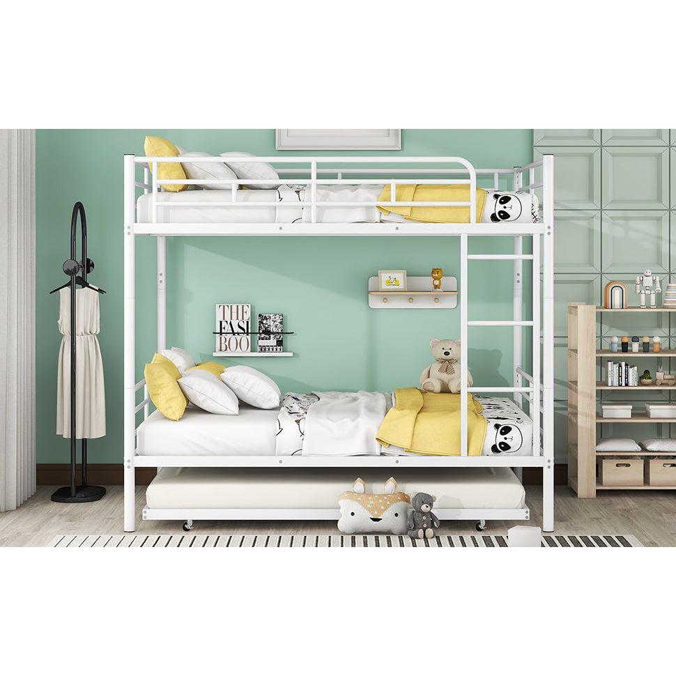 Full Over Full Metal Bunk Bed with Trundle, White