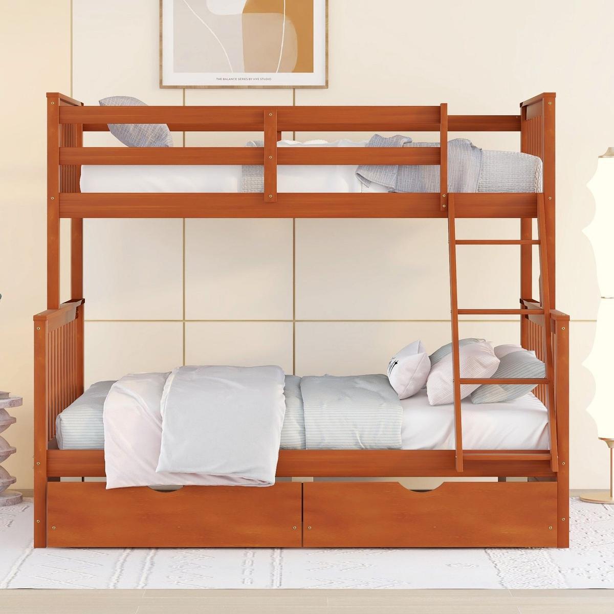Twin-Over-Full Bunk Bed with Ladders and Two Storage Drawers (Walnut) { o