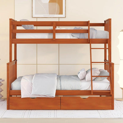 Twin-Over-Full Bunk Bed with Ladders and Two Storage Drawers (Walnut) { o