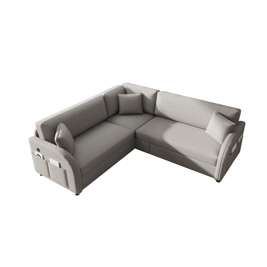 85.1' L-Shaped Sofa Couch with Pull-Out Bed,Oversize Convertible Sleeper Sofa with side Pocket & USB Port,Teddy Upholstered Sectional Couches, for Living Room, Apartment, Office,Light Grey