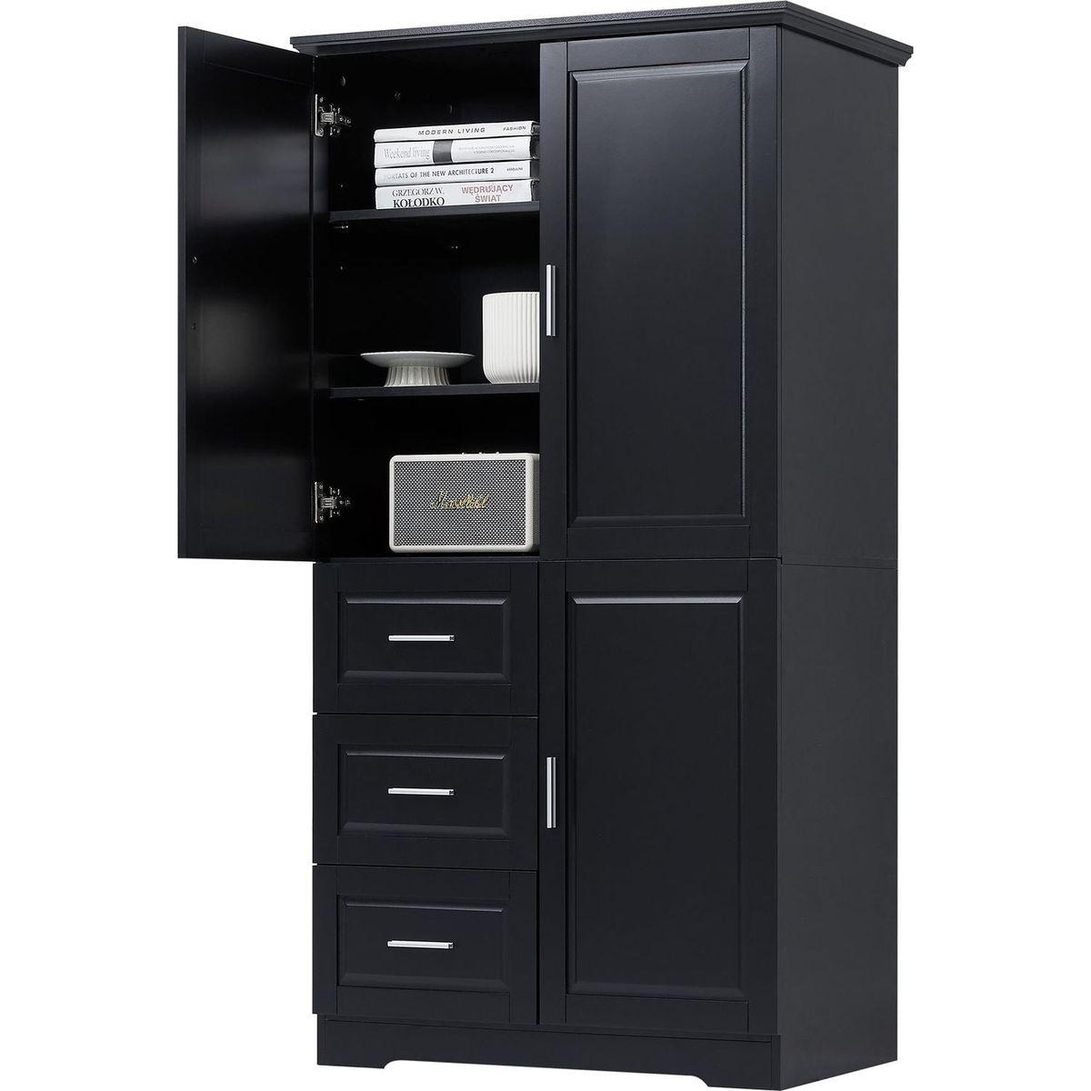 Tall and Wide Storage Cabinet with Doors for Bathroom/Office, Three Drawers, Black