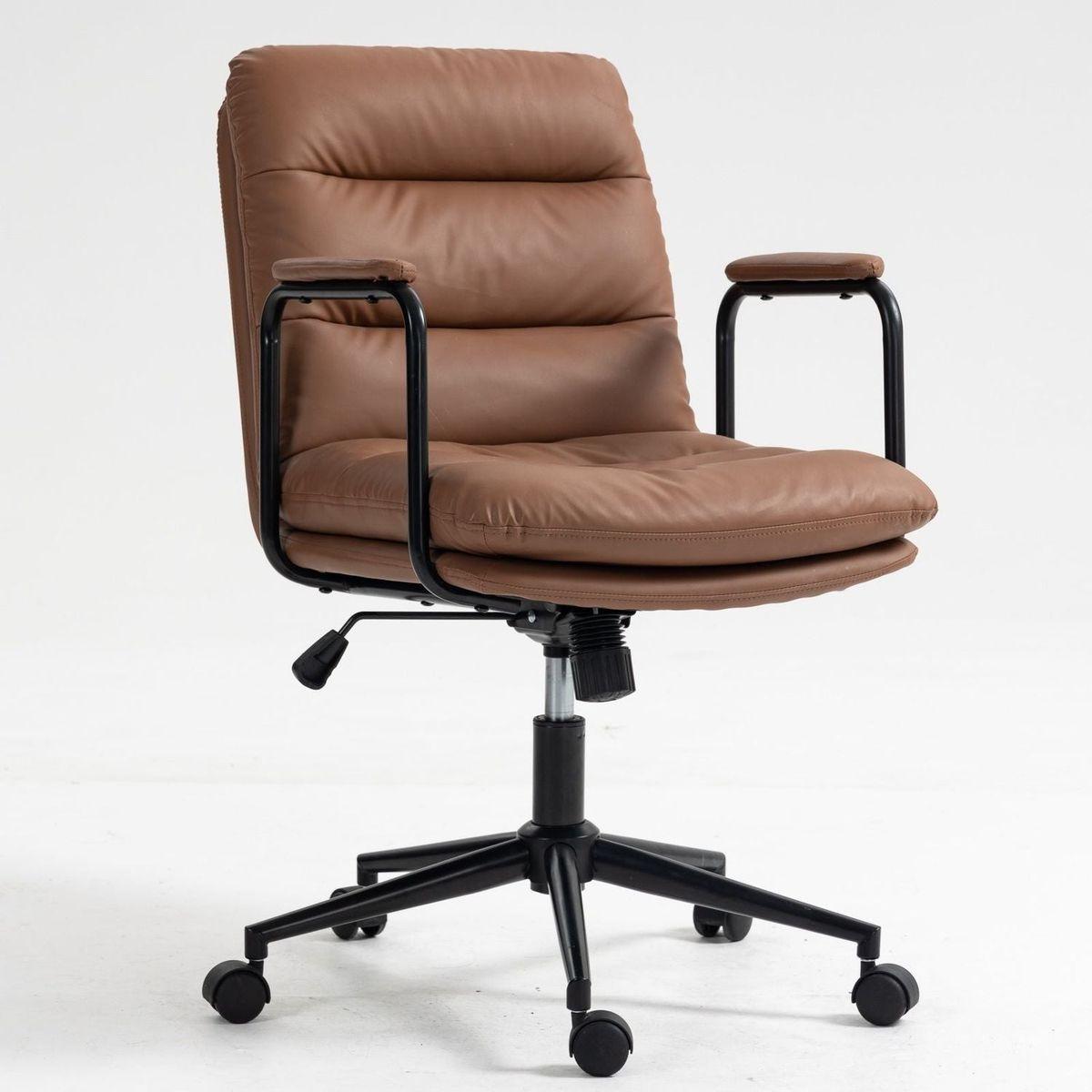 Office Chair,Mid Back Home Office Desk Task Chair with Wheels and Arms Ergonomic PU Leather Computer Rolling Swivel Chair with Padded Armrest,The back of the chair can recline 40 (Brown)