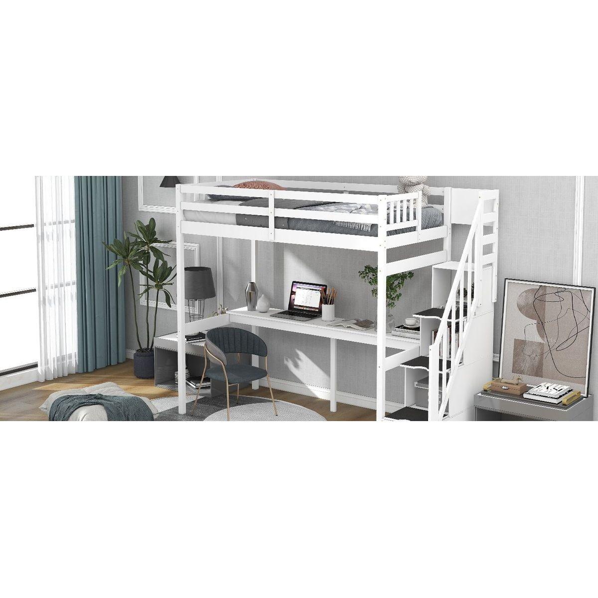 Twin Size Loft Bed with Storage Staircase and Built-in Desk, White