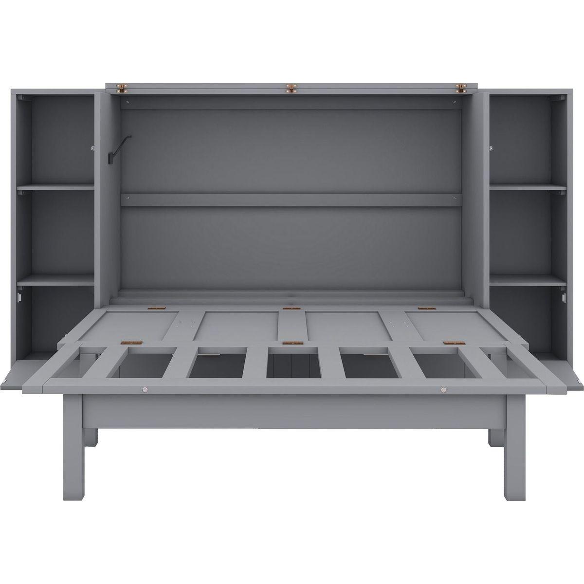 Full Size Murphy Bed with Shelves, Drawers and USB Ports,Gray