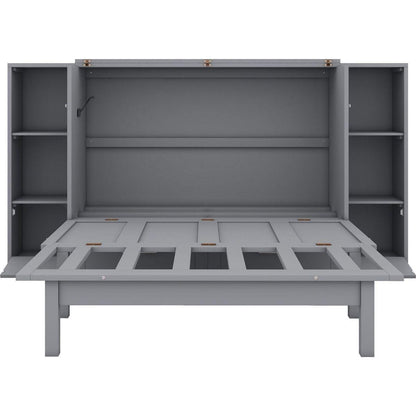 Full Size Murphy Bed with Shelves, Drawers and USB Ports,Gray