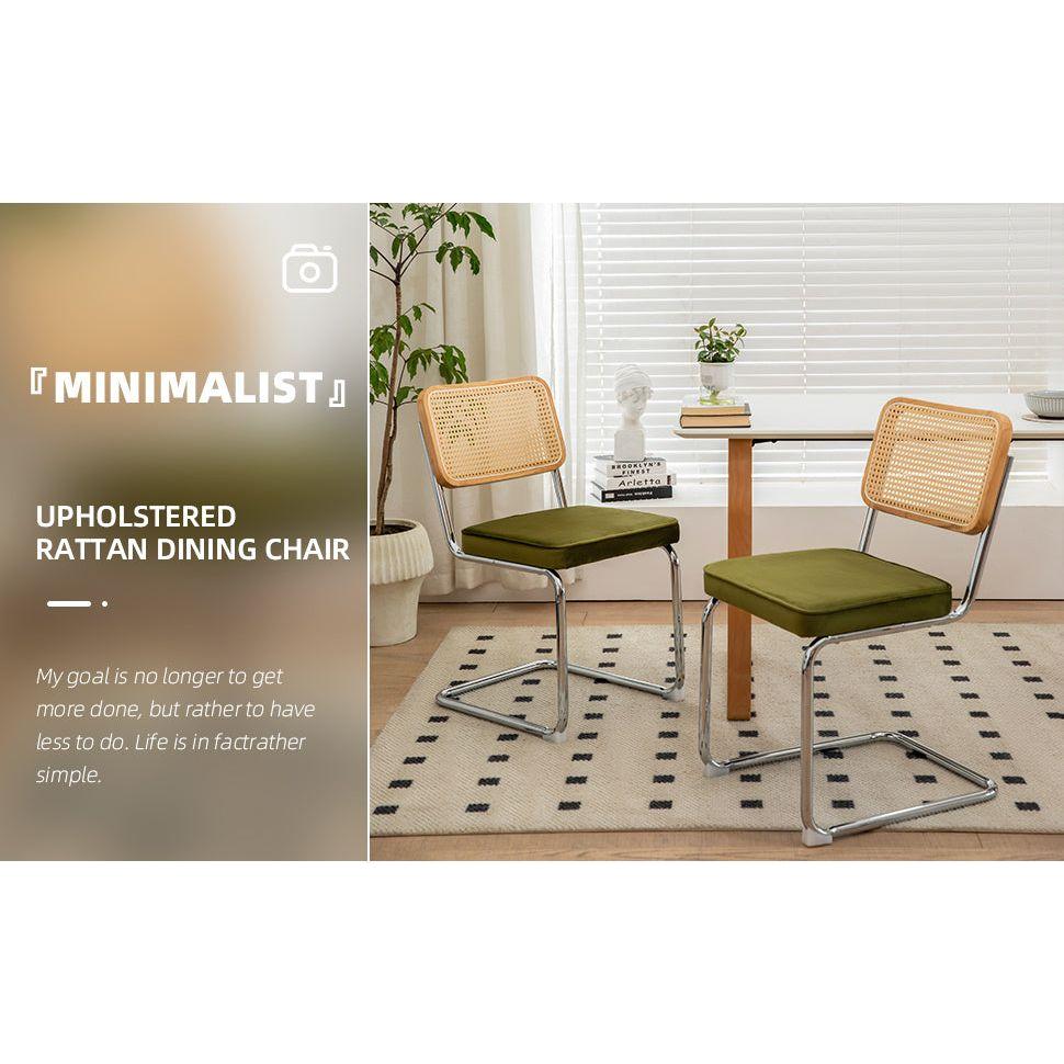 Dining Chairs Set of 2, Velvet Rattan Side Accent Chairs with Chrome Legs, Modern Mid Century Breuer Designed Chairs, Upholstered Dining Living Room Kitchen Chairs (Olive Green-2pcs)