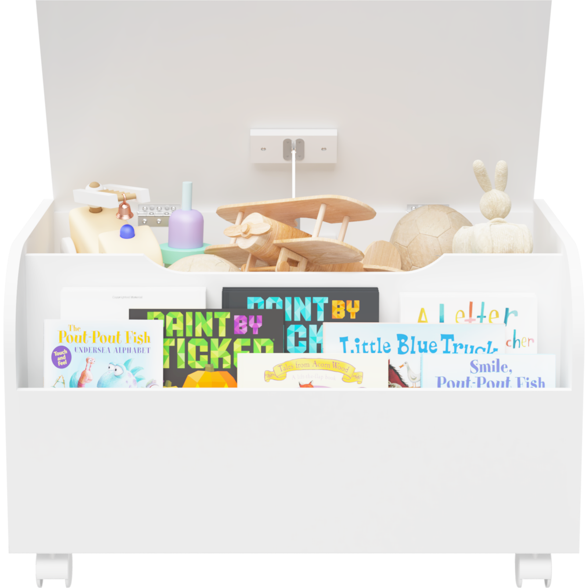 Wooden Toy Box with 4 Universal Wheels, Kids Toy Storage Organizer with Front Bookshelf, Flip-Top Lid, Safety Hinge, Boys Girls Toy Chest Bench for Playroom Kids Room Organization (White)