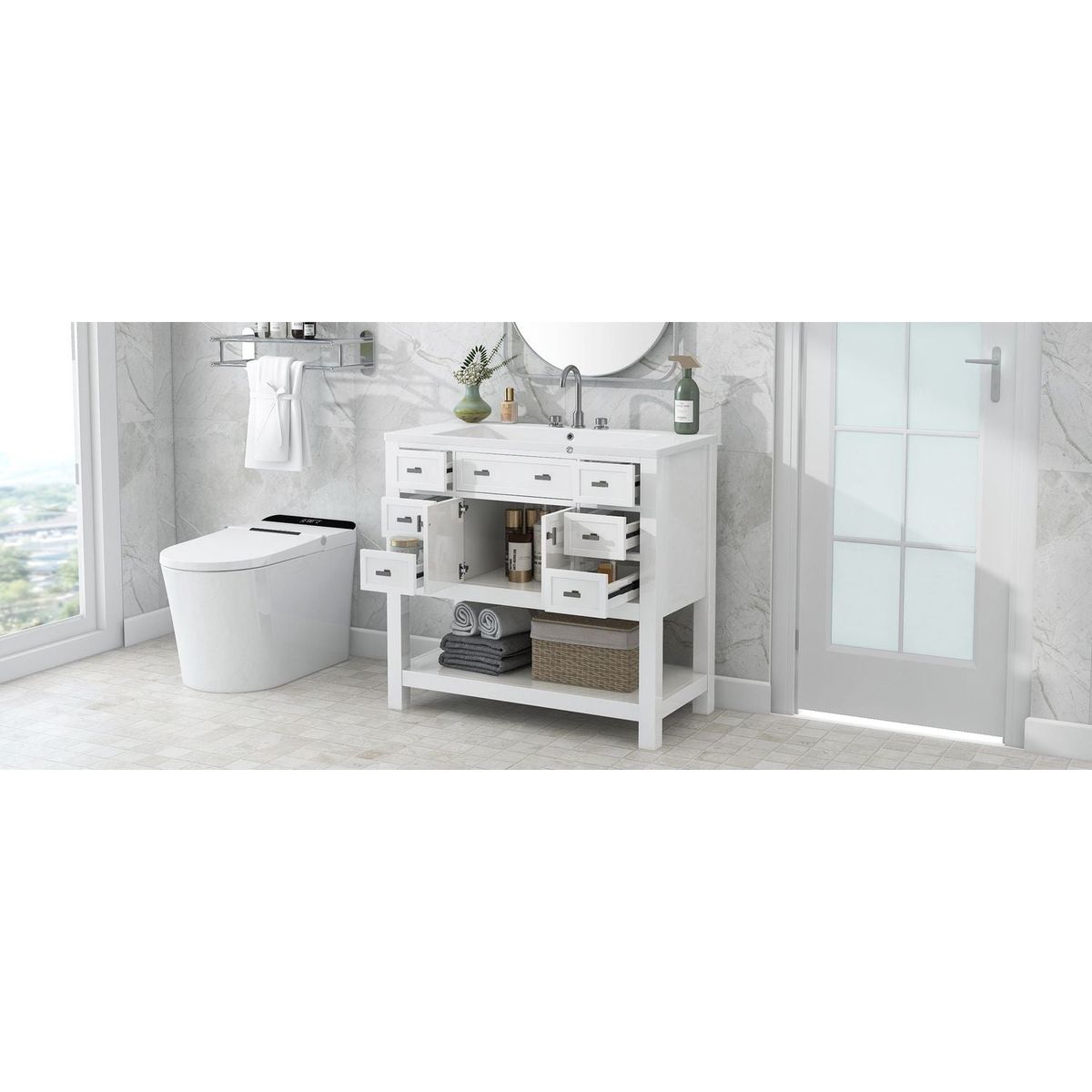 36" Bathroom Vanity with Top Sink, Modern Bathroom Storage Cabinet with 2 Soft Closing Doors and 6 Drawers, Single Sink Bathroom Vanity