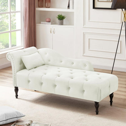60.6" Velvet Chaise Lounge Buttons Tufted Nailhead Trimmed Solid Wood Legs with 1 Pillow,White (Left Arm Design as Shown in the Picture)