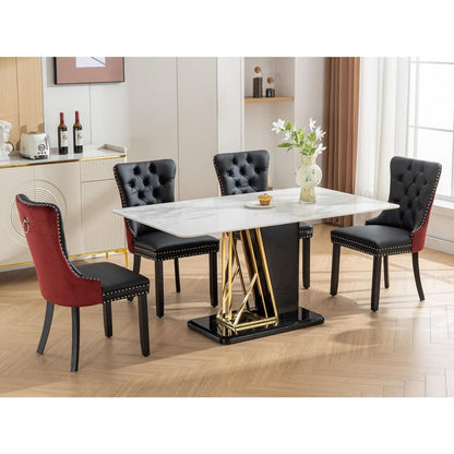Nikki Collection Modern, High-end Tufted Solid Wood Contemporary PU and Velvet Upholstered Dining Chair with Wood Legs Nailhead Trim 2-Pcs Set, Black+WineRed, Burgundy
