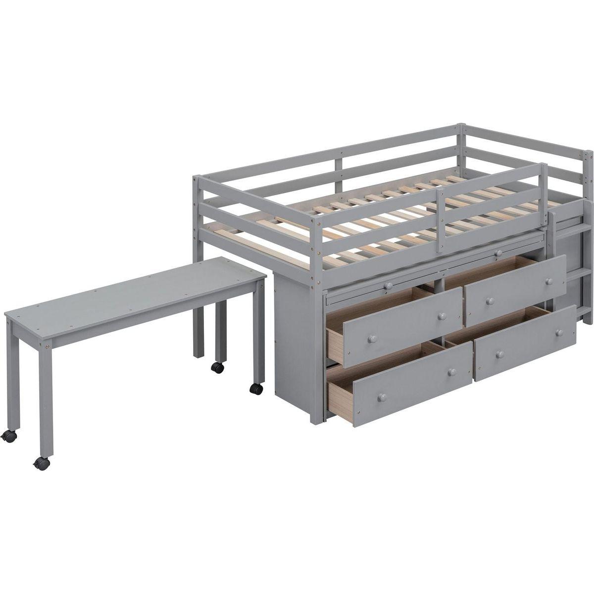 Twin Size Loft Bed with Retractable Writing Desk and 4 Drawers, Wooden Loft Bed with Lateral Portable Desk and Shelves, Gray