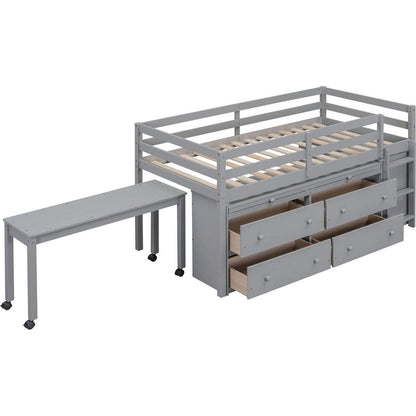 Twin Size Loft Bed with Retractable Writing Desk and 4 Drawers, Wooden Loft Bed with Lateral Portable Desk and Shelves, Gray