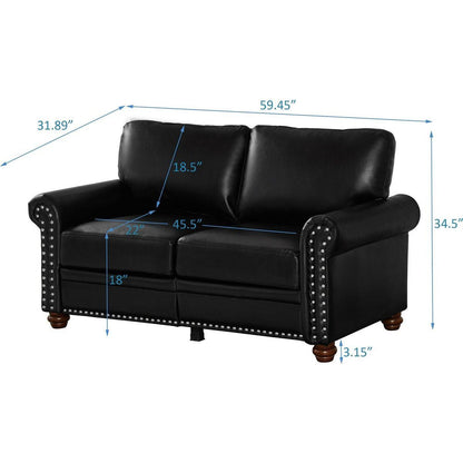 Living Room Sofa Loveseat Black Faux Leather