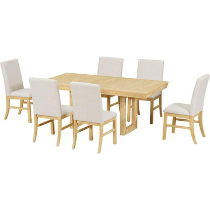 Traditional 7-Piece 72" Extendable Dining Table Set with 12inch Butterfly Leaf and 6 Upholstered Dining Table Set, Natural