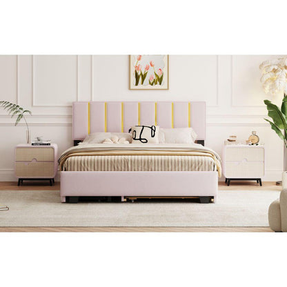 Queen Size Upholstered Platform Bed with 2 Drawers and 1 Trundle, Classic Metal Strip Headboard Design, Pink