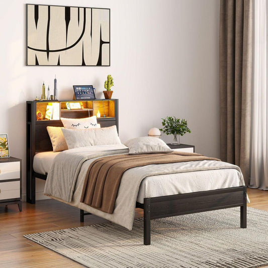 Twin Size Bed Frame with Storage Headboard, Metal Platform Bed with Charging Station, Bookcase Storage, No Box Spring Needed, Easy Assembly