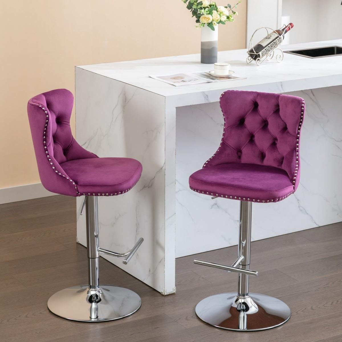 Swivel Velvet Barstools Adjusatble Seat Height from 25-33 Inch, Chrome base Bar Stools with Backs Comfortable Tufted for Home Pub and Kitchen Island, Purple,Set of 2