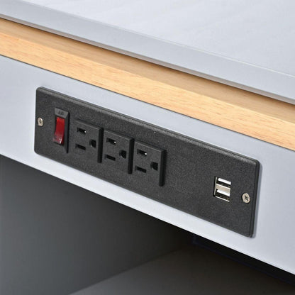 Rolling Kitchen Island With Movable Extended Table, Kitchen Cabinet on Wheels with Power Outlets and 2 Fluted Glass Doors, Kitchen Island with a Storage Compartment and Side 3 Open Shelves, Grey