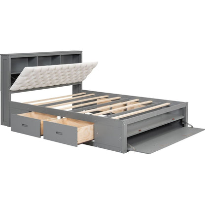 Wood Queen Size Platform Bed with Storage Headboard, shoe rack and 4 drawers,Gray