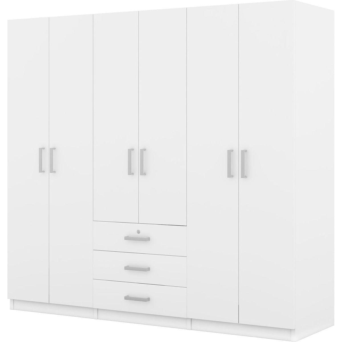 6-Doors Wooden Wardrobe Storage for Bedroom, with Big Drawers, White