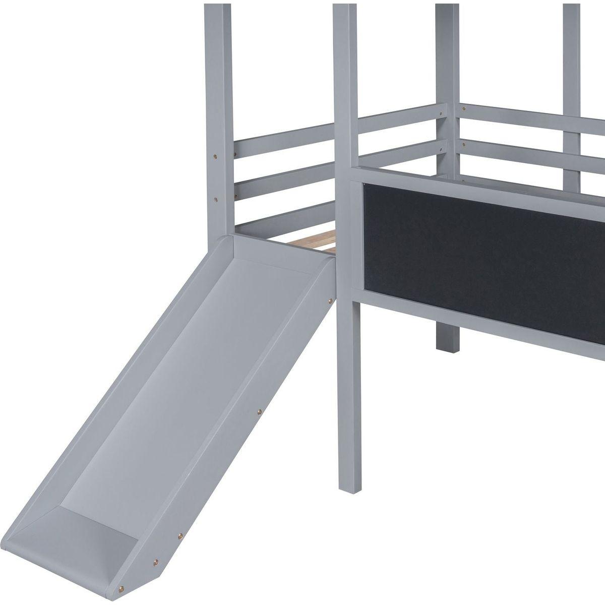 Twin Size Loft Bed with Ladder and Slide, House Bed with Blackboard and Light Strip on the Roof, Gray