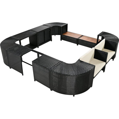 Spa Surround Spa Frame Quadrilateral Outdoor Rattan Sectional Sofa Set with Mini Sofa,Wooden Seats and Storage Spaces, Beige