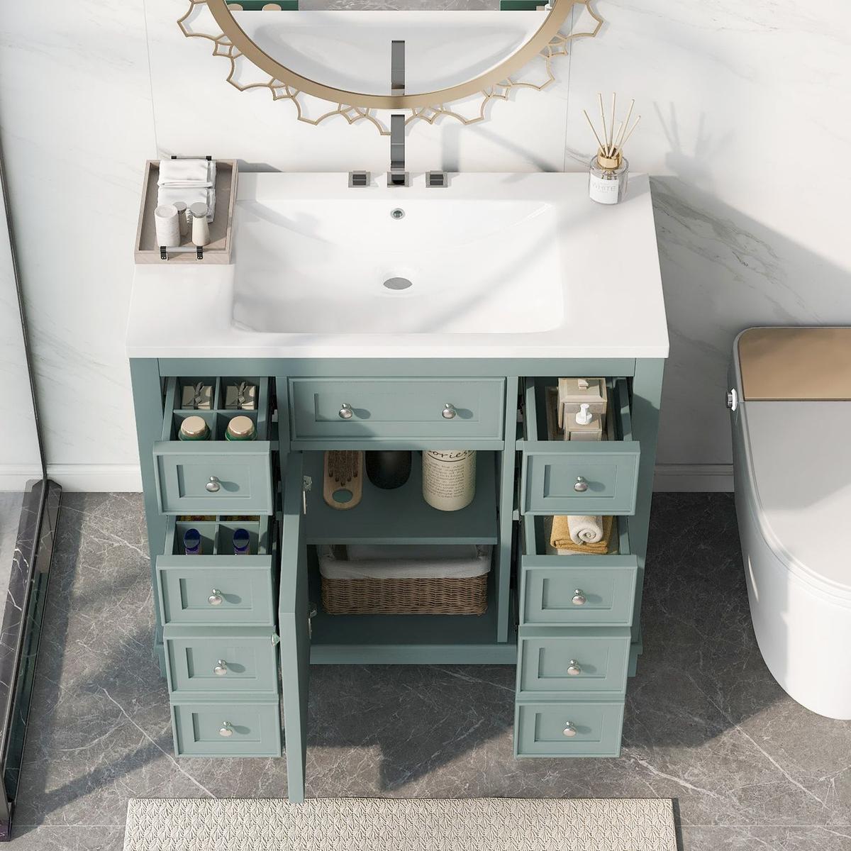 36" Bathroom Vanity with Sink Combo, One Cabinet and Six Drawers, Solid Wood and MDF Board, Green