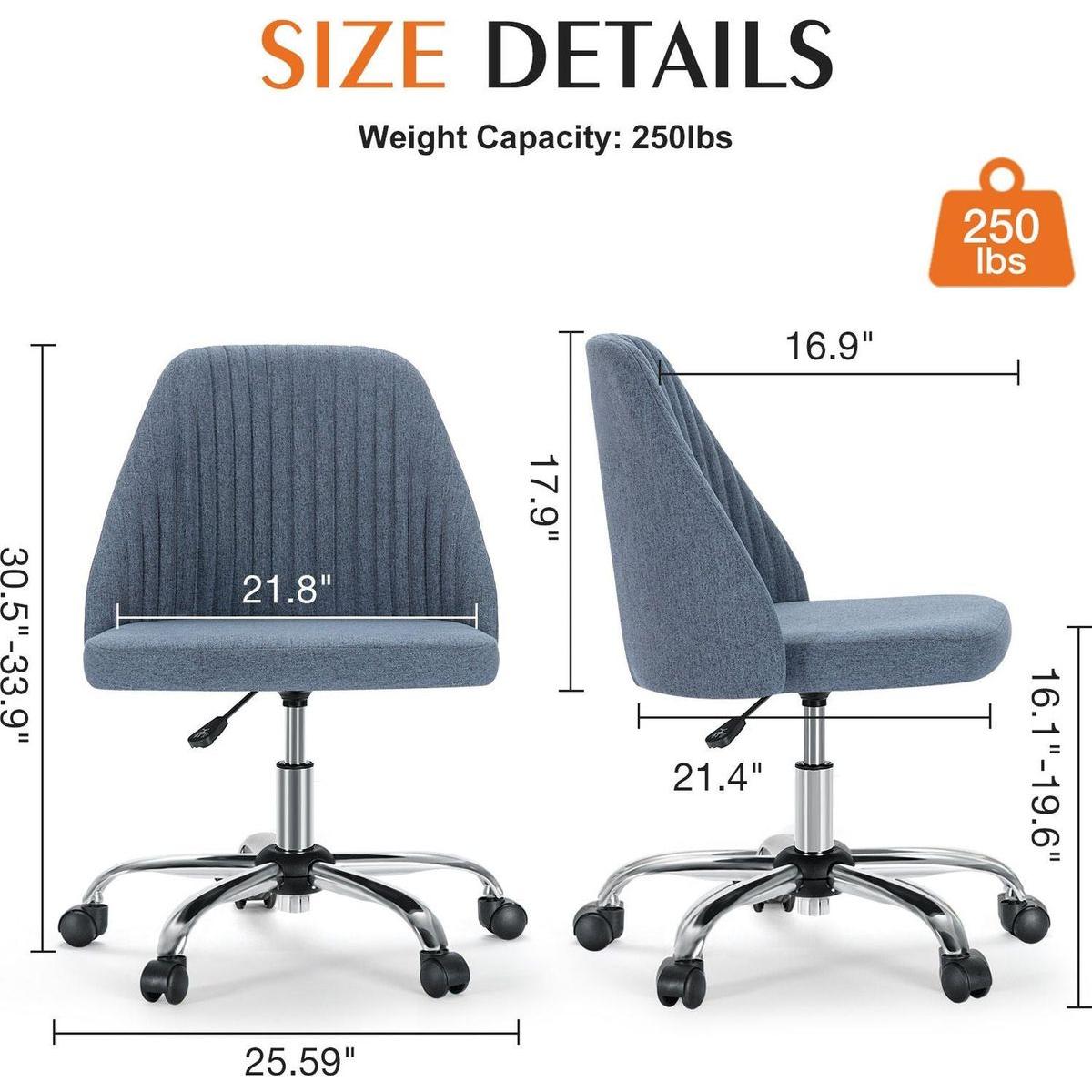 Armless Home Office Desk Chair with Wheels Adjustable Swivel Task Computer Vanity Chair for Small Spaces