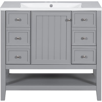 36" Bathroom Vanity with Sink Combo, One Cabinet and Three Drawers, Solid Wood and MDF Board, Grey