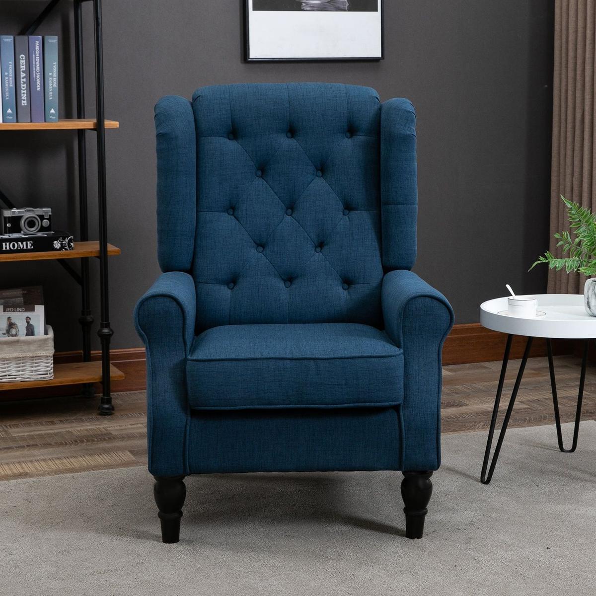 Button-Tufted Accent Chair with High Wingback, Rounded Cushioned Armrests and Thick Padded Seat, Blue