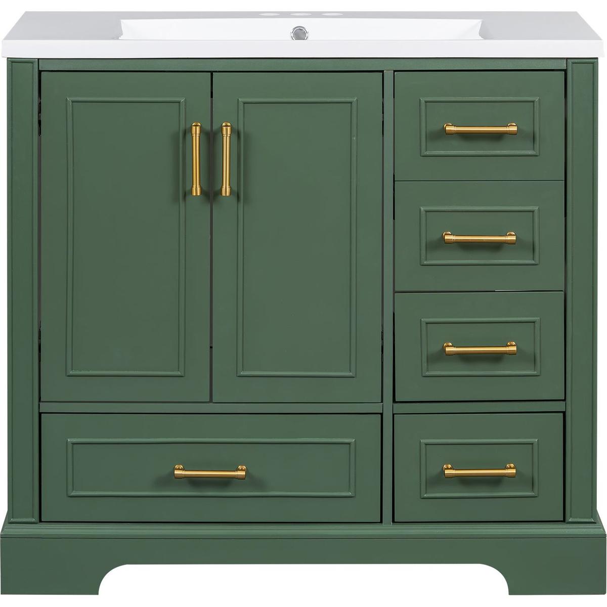 36-inch Traditional Bathroom Vanity with Resin Sink Combo Set, Green Bathroom Cabinet with Two Doors and Four Drawers