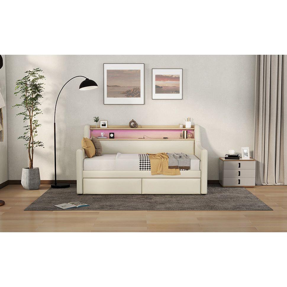 Twin Size Daybed with Storage Drawers, Upholstered Daybed with Charging Station and LED Lights, Beige