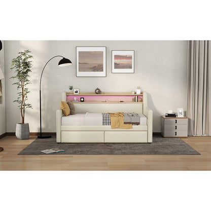 Twin Size Daybed with Storage Drawers, Upholstered Daybed with Charging Station and LED Lights, Beige