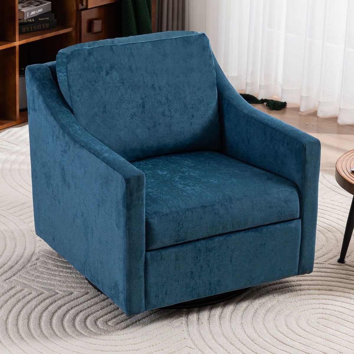 Large swivel chair, upholstered armchair, modern chair, skin-friendly gradient color linen fabric, comfortable to sit. Suitable for reception living room, Navy Blue