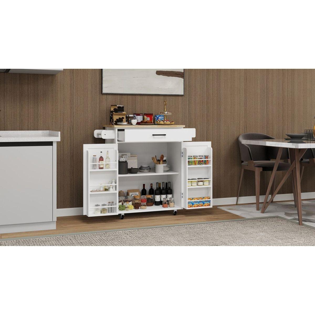 Kitchen island rolling trolley cart with 1 drawer & 2 doors with storage racks & Adjustable Shelves & towel rack & seasoning rack rubber wood table top-White - Streamdale Furniture