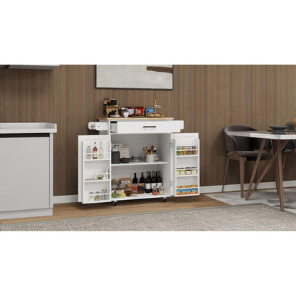 Kitchen island rolling trolley cart with 1 drawer & 2 doors with storage racks & Adjustable Shelves & towel rack & seasoning rack rubber wood table top-White - Streamdale Furniture