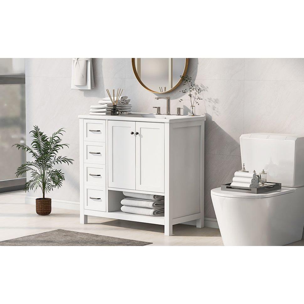 36" Bathroom Vanity with Sink Top, Bathroom Vanity Cabinet with Two Doors and Two Drawers, Solid Wood, Open shelf, MDF Boards, One Package, White