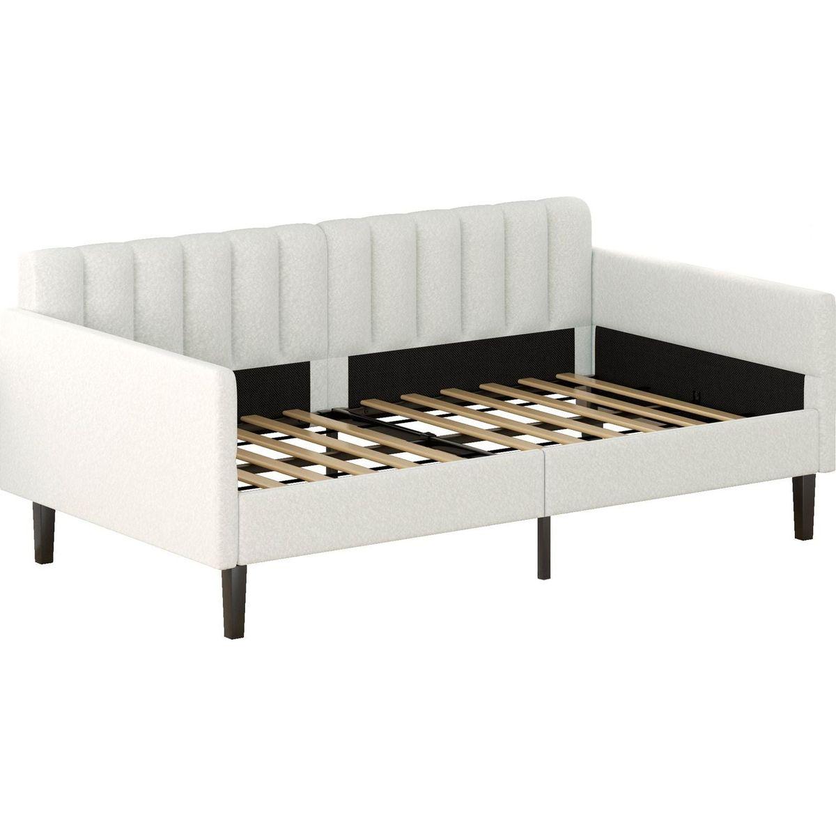 Elena Twin Size Ivory Boucle Upholstered Daybed, Ribbed Tufted Backrest, Daybed in Lavish Modern Design, Richly Hued Foam Comfort