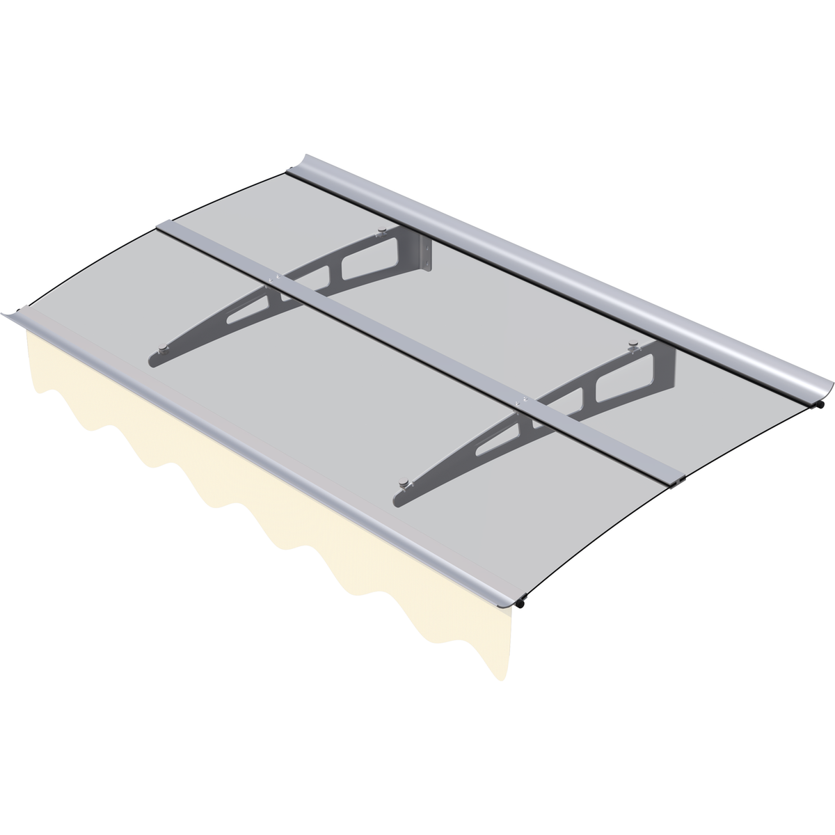 DA5934C Series Door Window Awning Canopy Made of 0.137Inch Thick Crystal Solid Polycarbonate Sheet and Aluminum Alloy with Valance in size of 59" Wide x 34" Deep for Masonry Concrete Wall House only.
