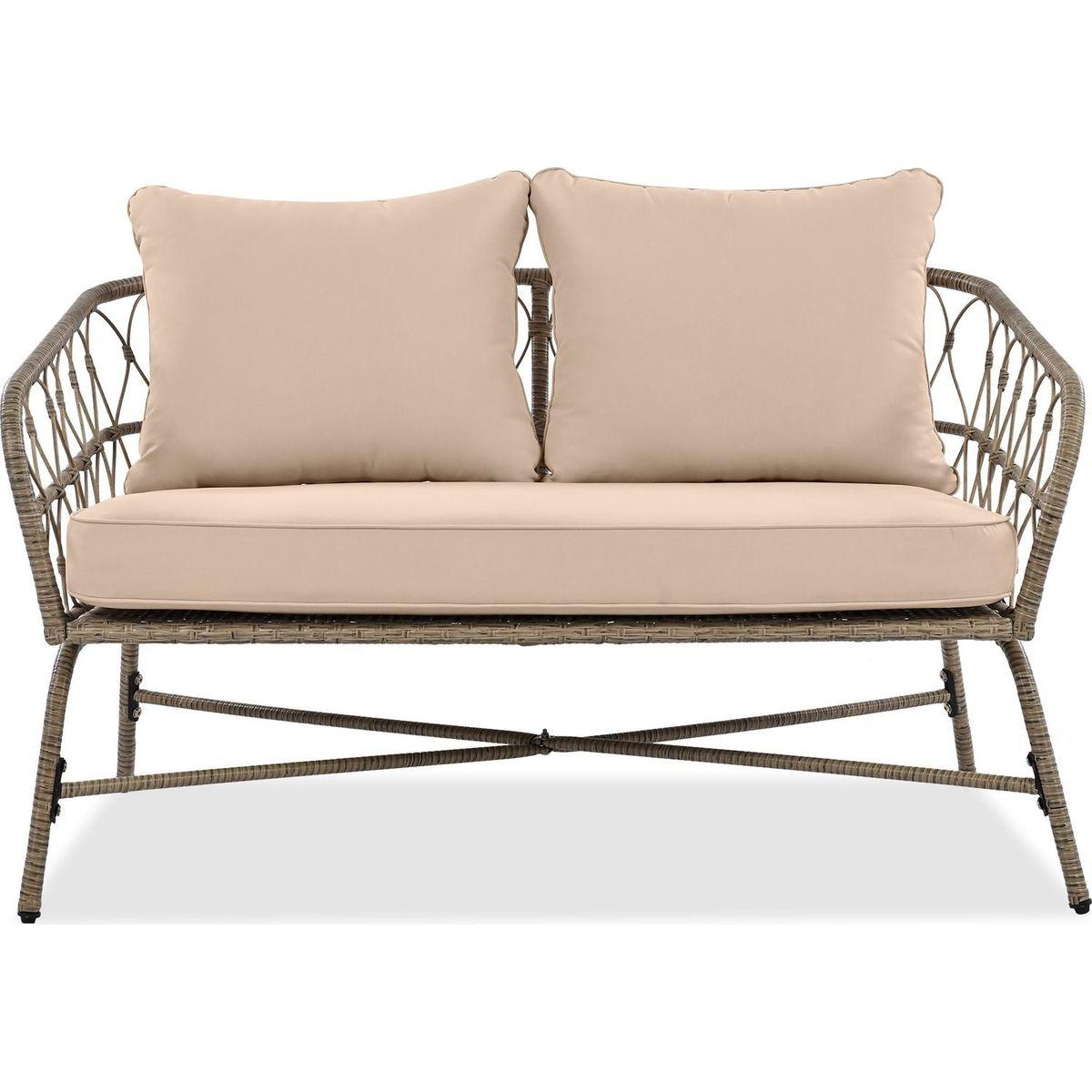 GO Bohemia-inspired 4-Person Outdoor Seating Group With Removable Cushions, Conversation Patio Set With Wood Tabletop, Beige