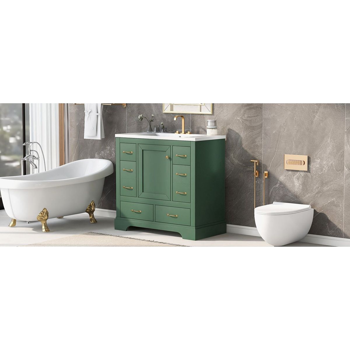 36" Bathroom Vanity with Sink Combo, Six Drawers, Multi-Functional Drawer Divider, Adjustable Shelf, Green