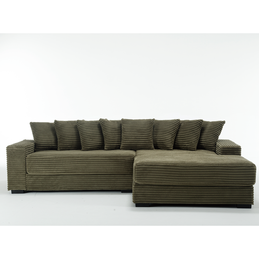 Oversized Two-Piece Couches, L Shaped Sofa, Corduroy, Right Chaise Daybed,with Armrests,Eight Throw Pillows,Corner Sofa,Easy To Assemble, Green