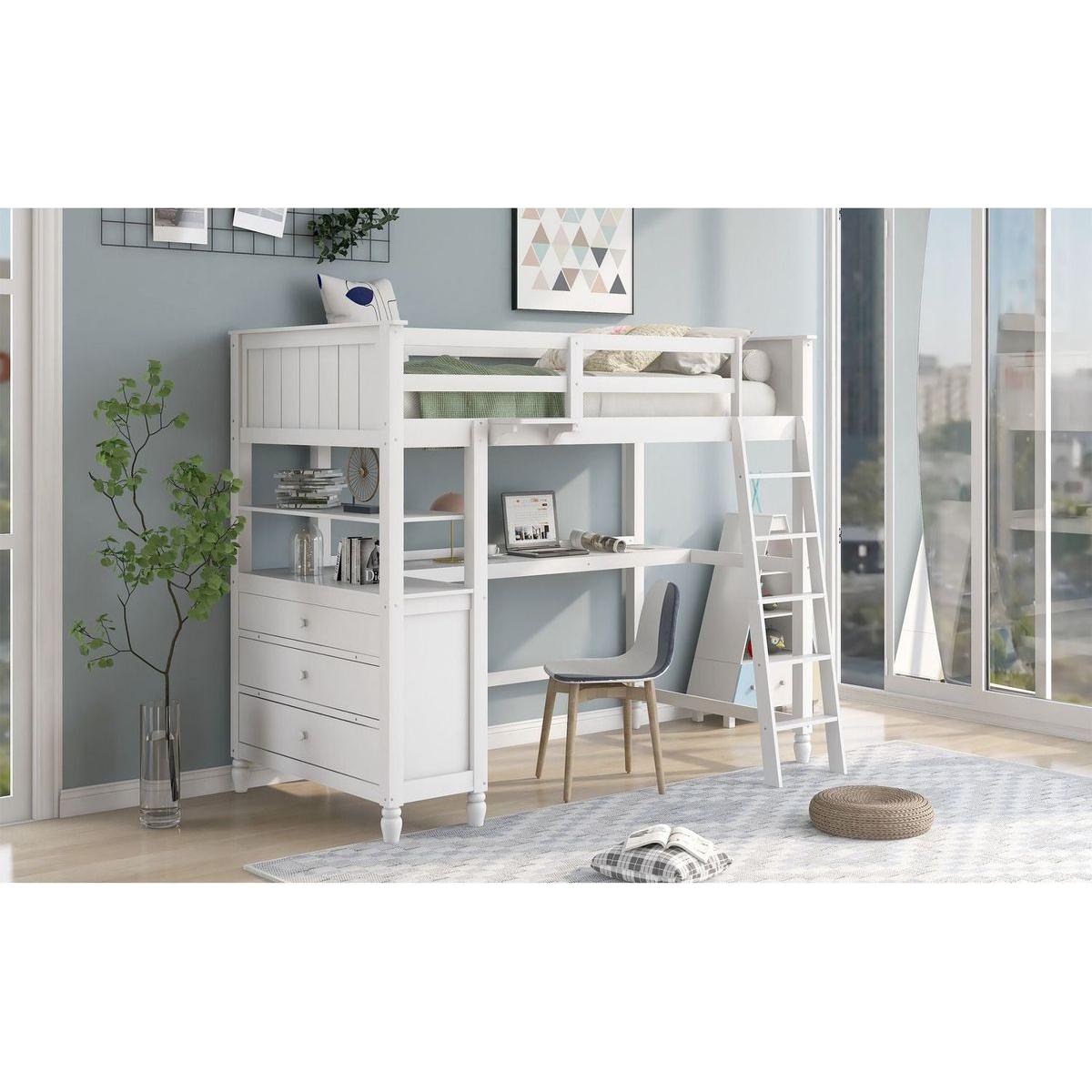 Twin size Loft Bed with Drawers and Desk, Wooden Loft Bed with Shelves - White