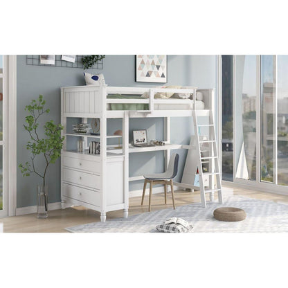 Twin size Loft Bed with Drawers and Desk, Wooden Loft Bed with Shelves - White